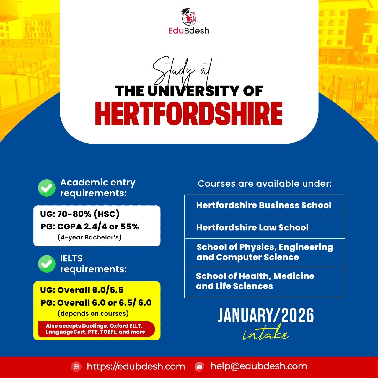 University of Hertfordshire admission requirements 2026